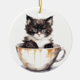 かわいい黒と白の子猫をティーカップに セラミックオーナメント