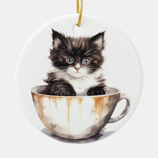かわいい黒と白の子猫をティーカップに セラミックオーナメント (正面)