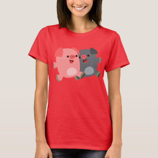 かわいい黒と白の漫画の豚の女性Tシャツ Tシャツ