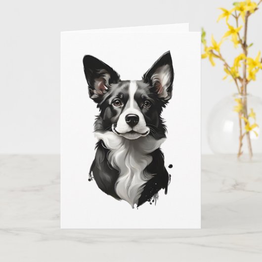 かわいい黒と白の犬の子犬のブランクグリーティングカード カード (黄色い花)