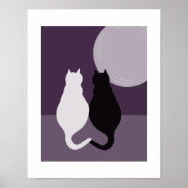 かわいい黒と白の猫のペア 紫がかった青の夜 ポスター