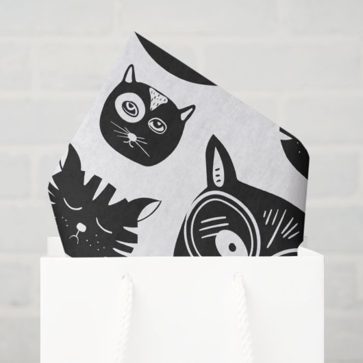 かわいい黒と白の猫の顔柄 薄葉紙 (ギフトバッグ)