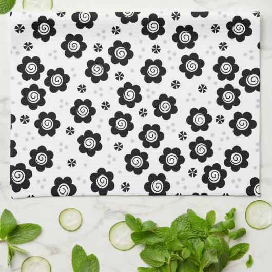 かわいい黒と白の花のタオル キッチンタオル (折り畳み)