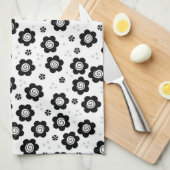 かわいい黒と白の花のタオル キッチンタオル (四つ折り)