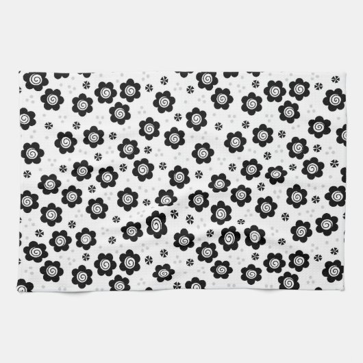 かわいい黒と白の花のタオル キッチンタオル (横)