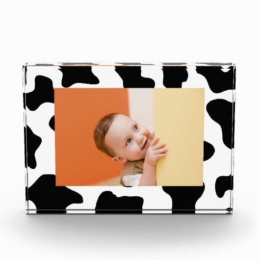 かわいい黒と白の農場動物の牛のプリント フォトブロック (正面)