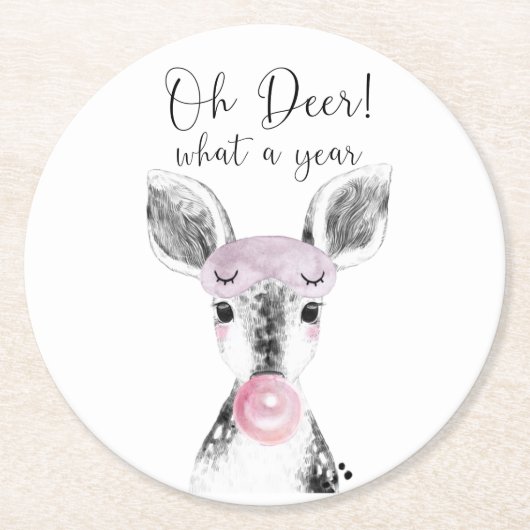 かわいい黒と白Oh Deer What A Year引用文 ラウンドペーパーコースター (正面)