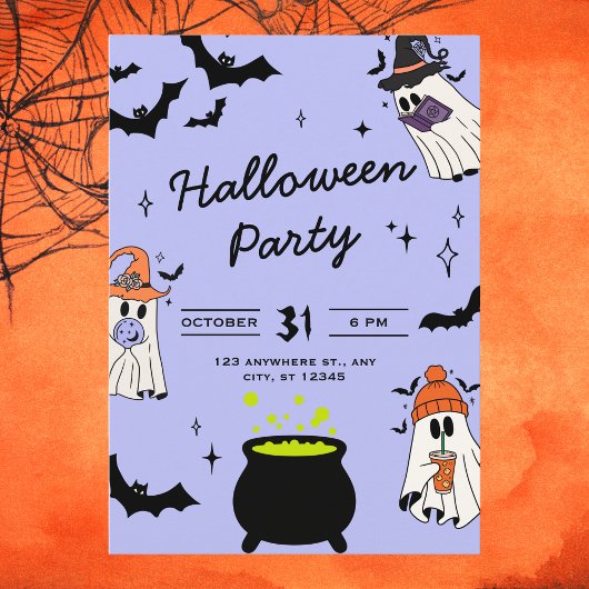 かわいい黒と紫のイラストハロウィーンの幽霊 招待状
