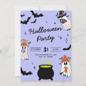 かわいい黒と紫のイラストハロウィーンの幽霊 招待状 (正面)