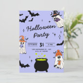 かわいい黒と紫のイラストハロウィーンの幽霊 招待状 (スタンド正面)