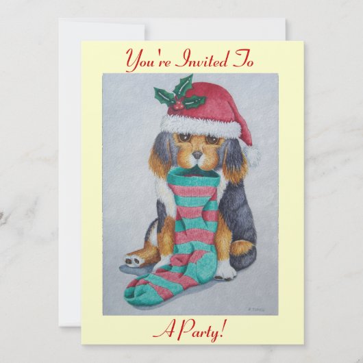 かわいい黒と茶色の子犬のクリスマスパーティー 招待状 (正面)