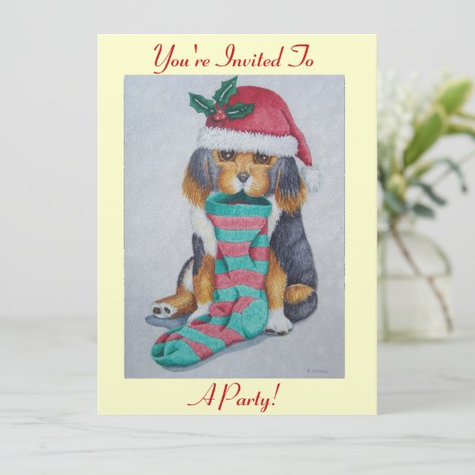 かわいい黒と茶色の子犬のクリスマスパーティー 招待状 (スタンド正面)