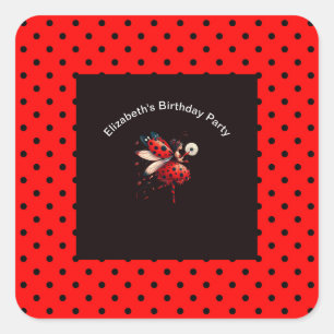 かわいい黒と赤のてんとう虫の妖精の誕生日パーティー スクエアシール