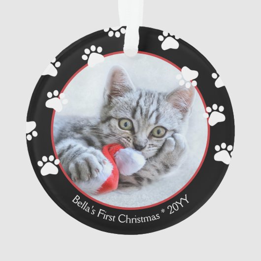 かわいい黒と赤のポープリント猫初めてのクリスマス オーナメント (裏面)