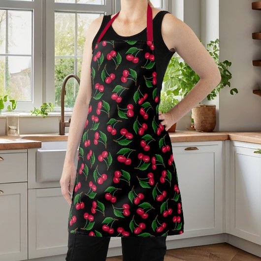 かわいい黒と赤の水色のさくらんぼ エプロン