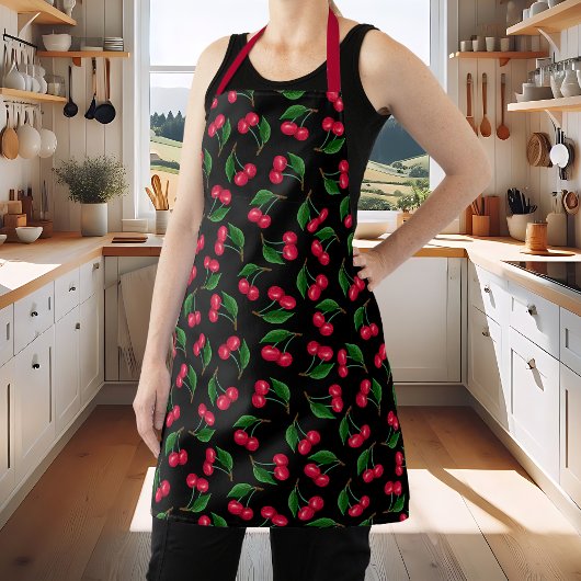 かわいい黒と赤の水色のさくらんぼ エプロン