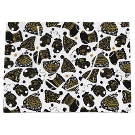 かわいい黒と金ゴールドの帽子とミッテンスのクリスマス ラージペーパーバッグ