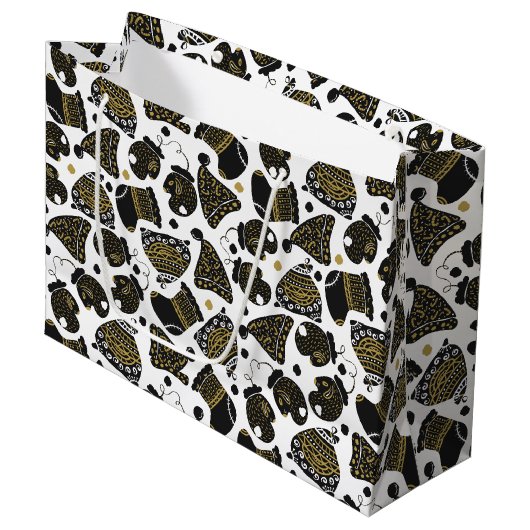 かわいい黒と金ゴールドの帽子とミッテンスのクリスマス ラージペーパーバッグ (正面アングル)