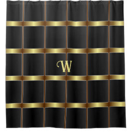 かわいい黒と金ゴールドの正方形とストライプモノグラム シャワーカーテン