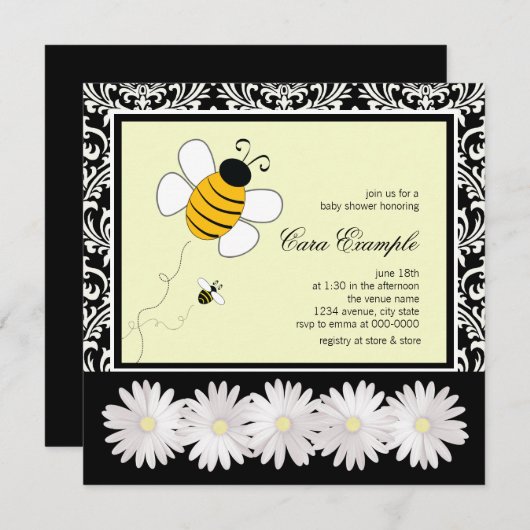 かわいい黒と黄色ののまわりに赤ちゃんシャワー 招待状 (正面/裏面)