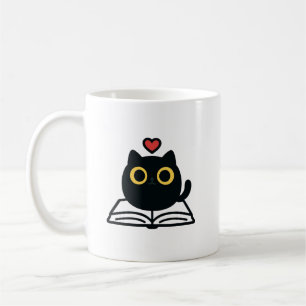 かわいい黒のキャラクターねこ 本を読む イラスト コーヒーマグカップ