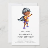 かわいい黒のスーパーヒーロー 1歳の誕生日パーティー 招待状 (正面)