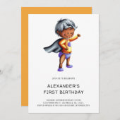かわいい黒のスーパーヒーロー 1歳の誕生日パーティー 招待状 (正面/裏面)
