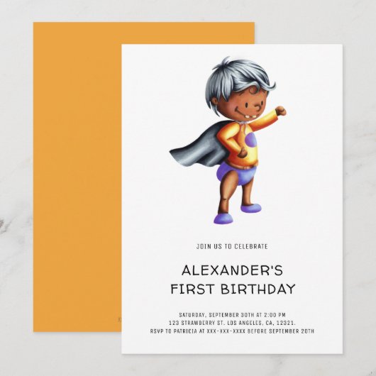 かわいい黒のスーパーヒーロー 1歳の誕生日パーティー 招待状 (正面/裏面)