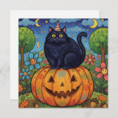 かわいい黒のハロウィーンの猫とカボチャ シーズンカード (正面/裏面)