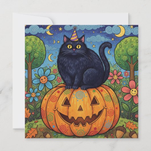 かわいい黒のハロウィーンの猫とカボチャ シーズンカード (正面)