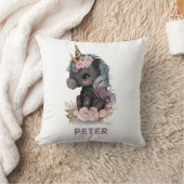 かわいい黒のユニコーン　花　水彩　ユニコーン クッション (ブランケット)