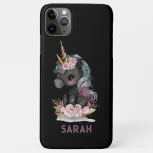 かわいい黒のユニコーン　花　水彩　ユニコーン iPhone 11 PRO MAXケース