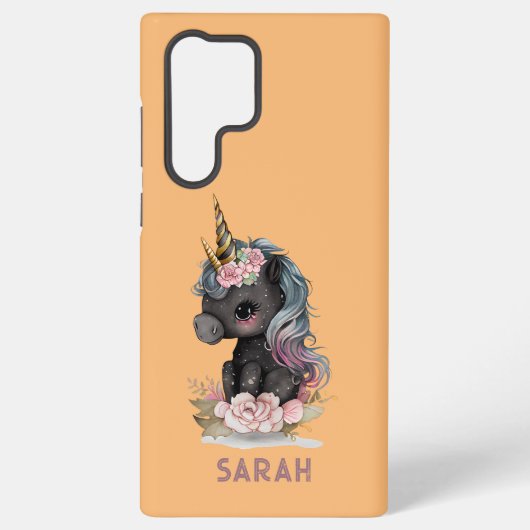 かわいい黒のユニコーン　花　水彩　ユニコーン SAMSUNG GALAXYケース (裏面)