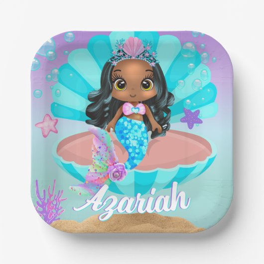 かわいい黒の人魚のプリンセスが海の下 ペーパープレート (正面)
