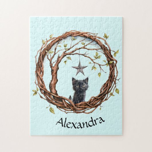 かわいい黒の子猫が星を見ている ジグソーパズル (縦)