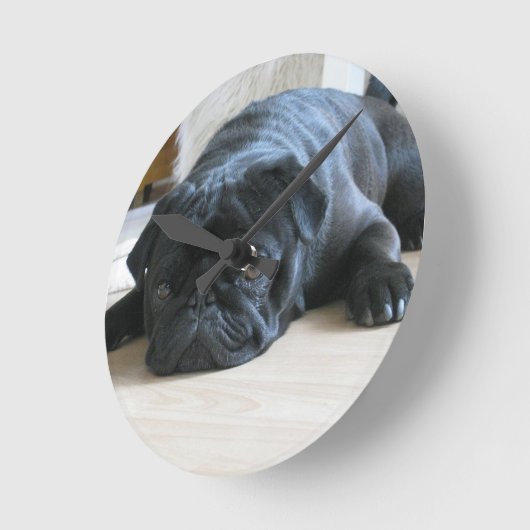 かわいい黒のPug Pug Puppyアクセサリ名をカスタマイズ ラウンド壁時計 (傾斜)