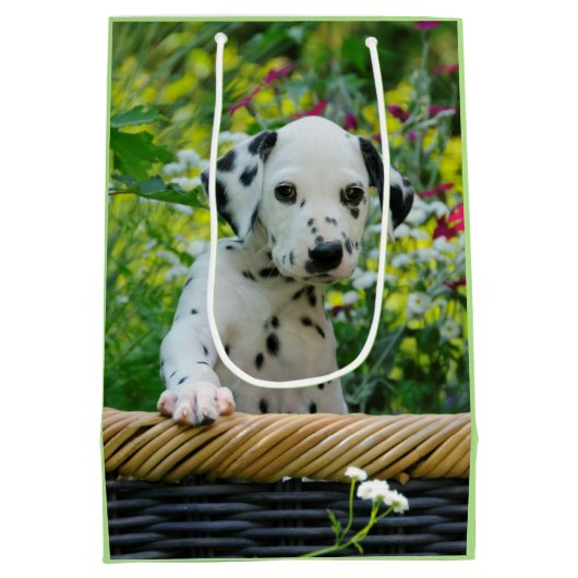 かわいい黒はDalmatianベビー犬の子犬の写真を斑点を付けました ミディアムペーパーバッグ (裏面)