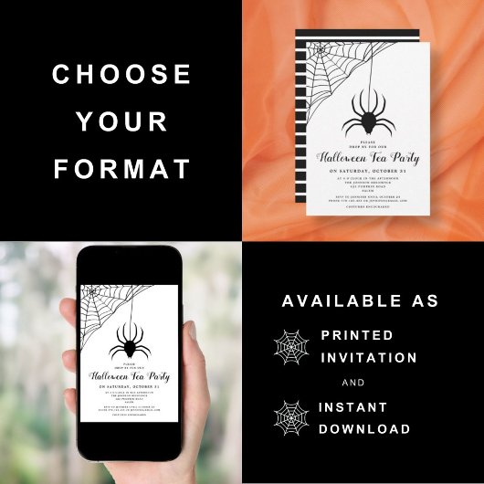 かわいい黒スパイダーハロウィンティーパーティー 招待状