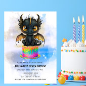 かわいい黒ドラゴン レインボーケーキ おとぎ話の誕生日 招待状