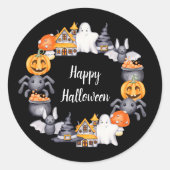 かわいい黒ハッピーハロウィンイラスト ラウンドシール (正面)