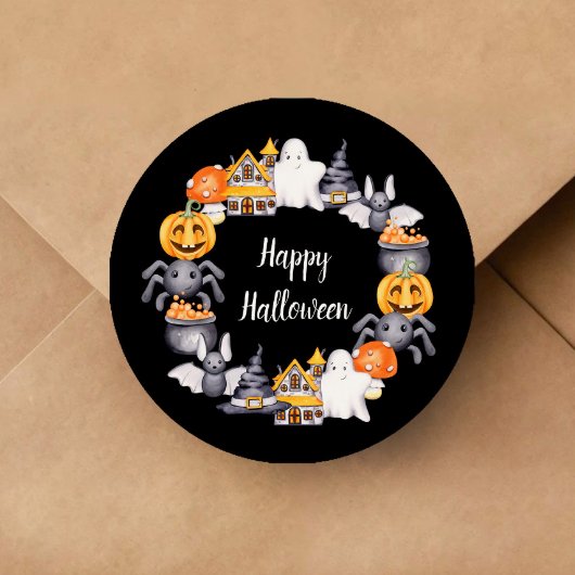 かわいい黒ハッピーハロウィンイラスト ラウンドシール