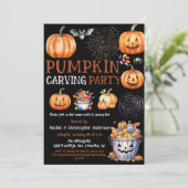 かわいい黒ハロウィーンカボチャ彫刻パーティー子供 招待状 (スタンド正面)