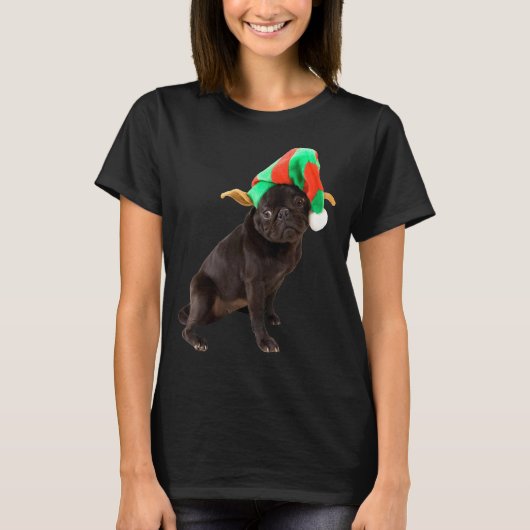 かわいい黒パグの子犬のエルフの帽子と耳の画像 クリスマス Tシャツ (正面)