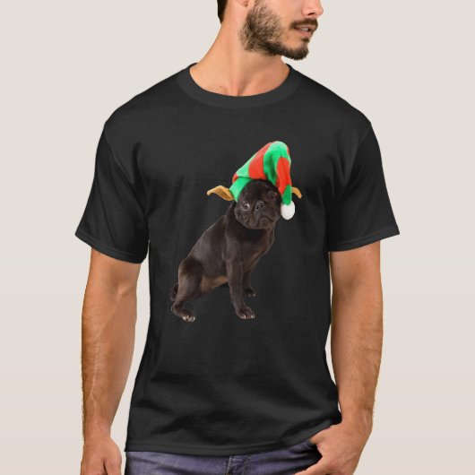 かわいい黒パグの子犬のエルフの帽子と耳の画像 クリスマス Tシャツ (正面)