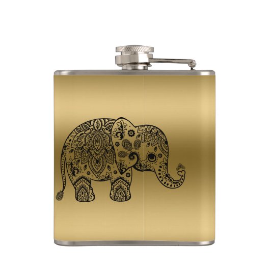 かわいい黒ペイズリーゾウ金ゴールド背景 フラスク (裏面)