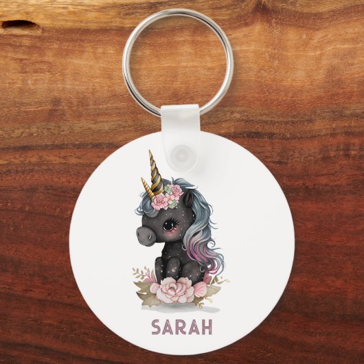 かわいい黒ユニコーン花水彩ユニコーン キーホルダー (裏面)