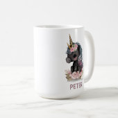 かわいい黒ユニコーン花水彩ユニコーン コーヒーマグカップ (正面右)