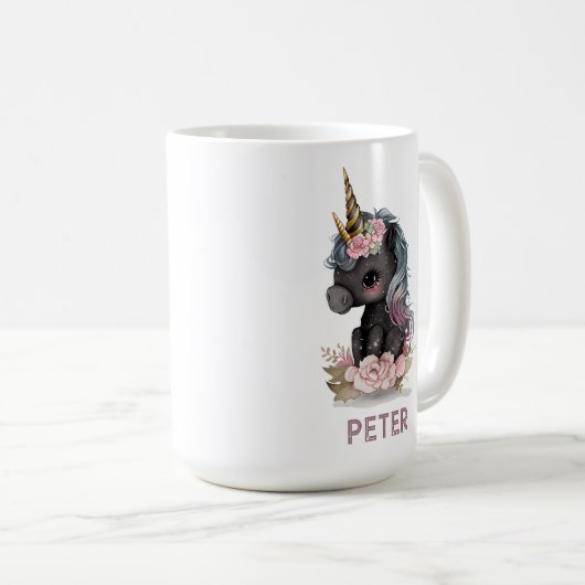かわいい黒ユニコーン花水彩ユニコーン コーヒーマグカップ (正面右)