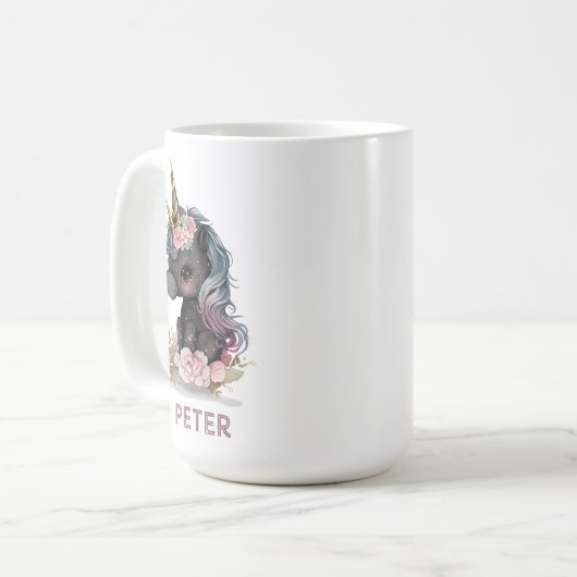 かわいい黒ユニコーン花水彩ユニコーン コーヒーマグカップ (正面左)