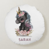 かわいい黒ユニコーン花水彩ユニコーン ラウンドクッション (裏面)